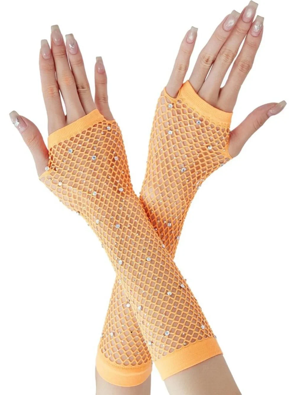 Women's Orange Rhinestone Fishnet Fingerless Gloves 80s Emo Scene Arm Cuffs